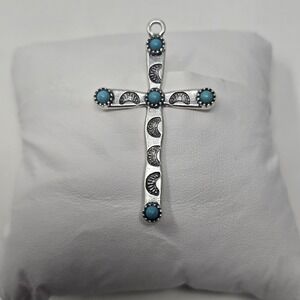 Imitation Turquoise Cross Pendant Southwest Native American Style Silver Tone